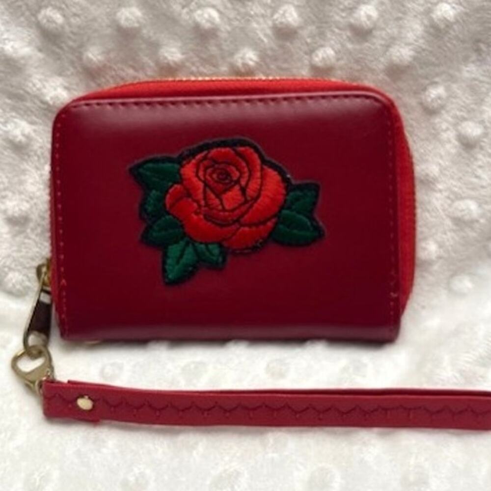 Dream Control Red Leather Wallet w/Red Embroidered Rose, Detachable Wrist Strap
